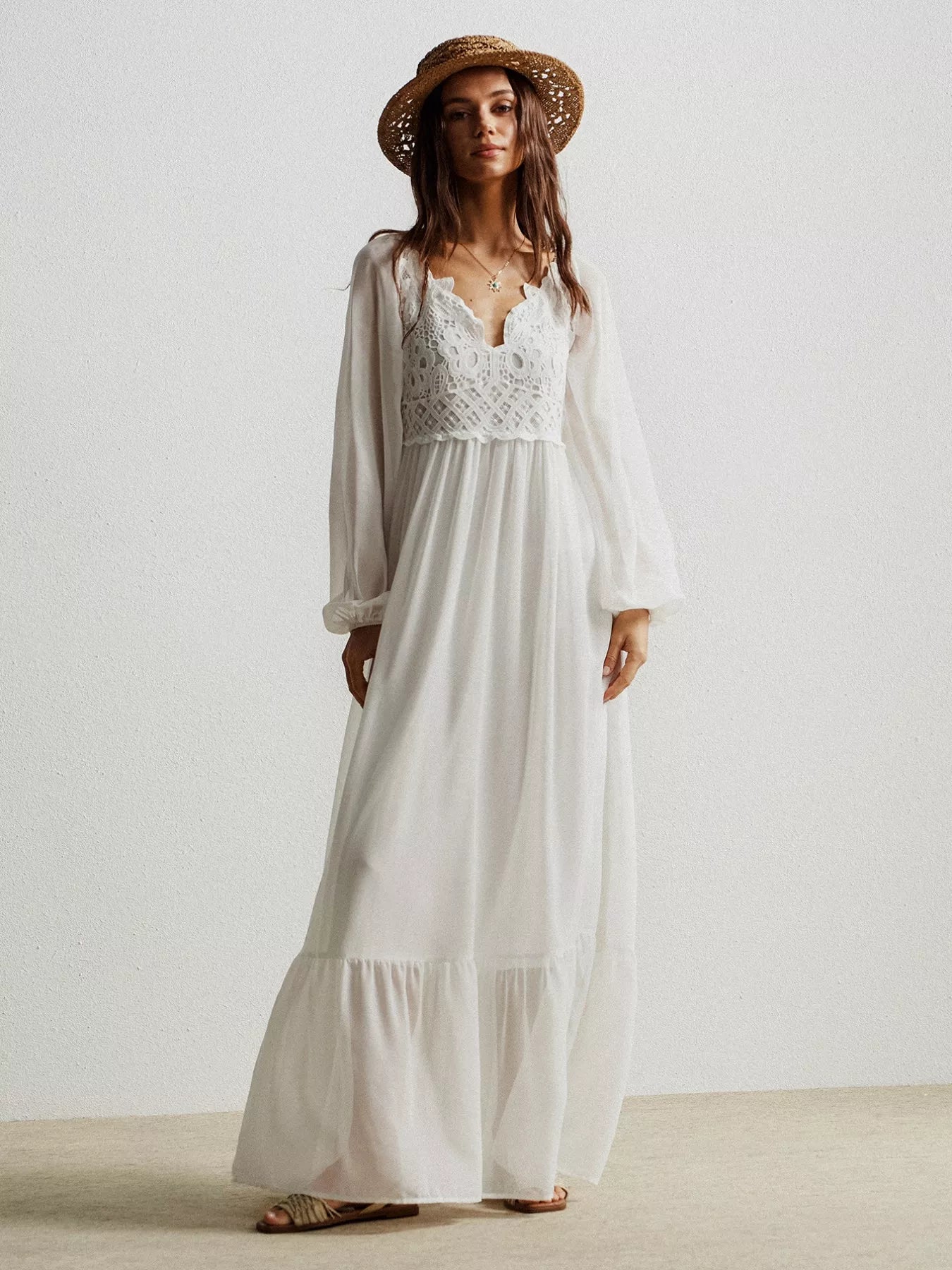 Boho Chic Crochet Lace Maxi Dress White / S by Blue Zone Planet Boho Chic Crochet Lace Maxi Dress White / S by Blue Zone Planet