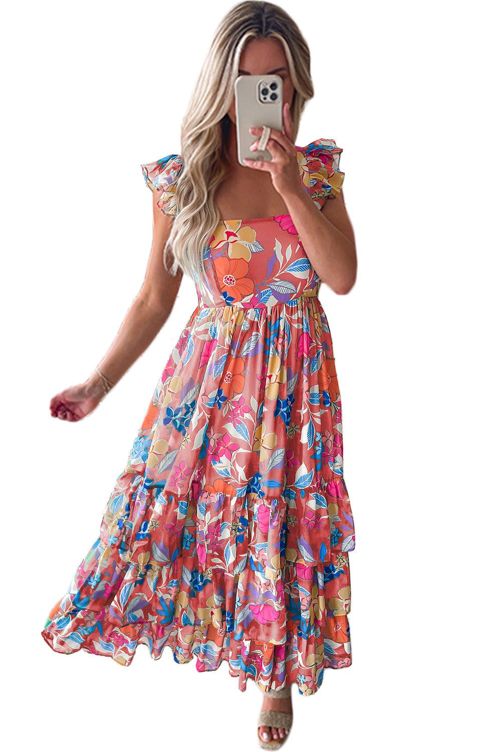 Pink Floral Print Sleeveless Ruffle Tiered Maxi Dress Blue Zone Planet