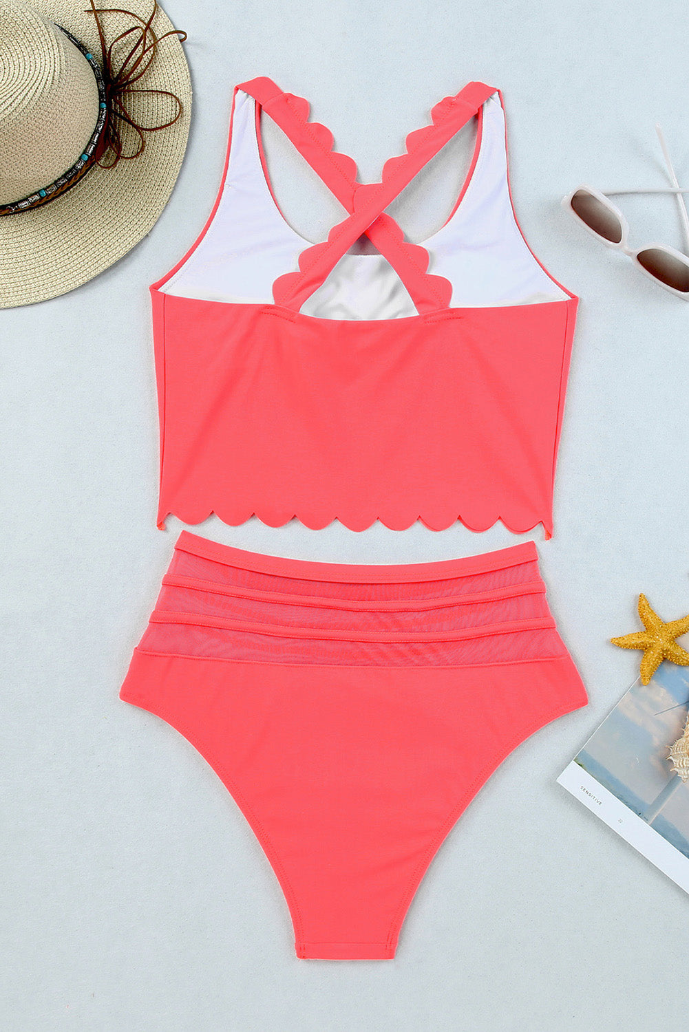 Blue Zone Planet | Pink Scalloped Criss Cross High Waist Bikini Blue Zone Planet
