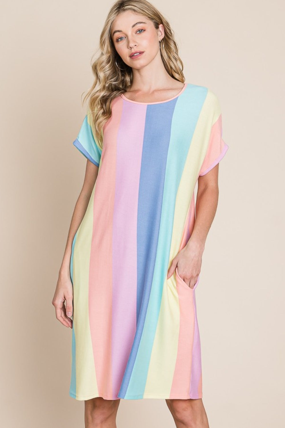 Blue Zone Planet | BOMBOM Striped Short Sleeve Dress with Pockets BLUE ZONE PLANET