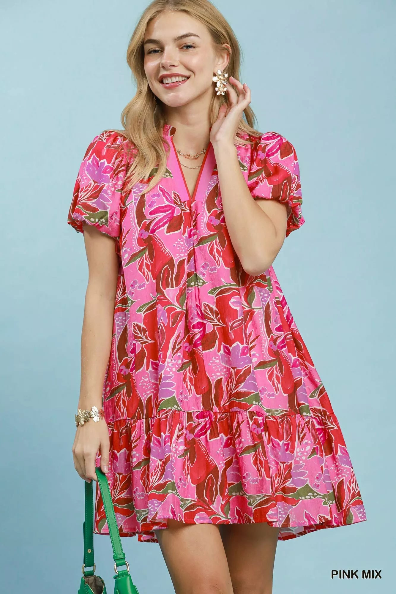 umgee mini dress Tropical Floral Puff Sleeve Tiered PINK MIX / S Maren Lace Panel Bodycon upload-20260209 95% Polyester 5% Spandex Fit:Young Contemporary