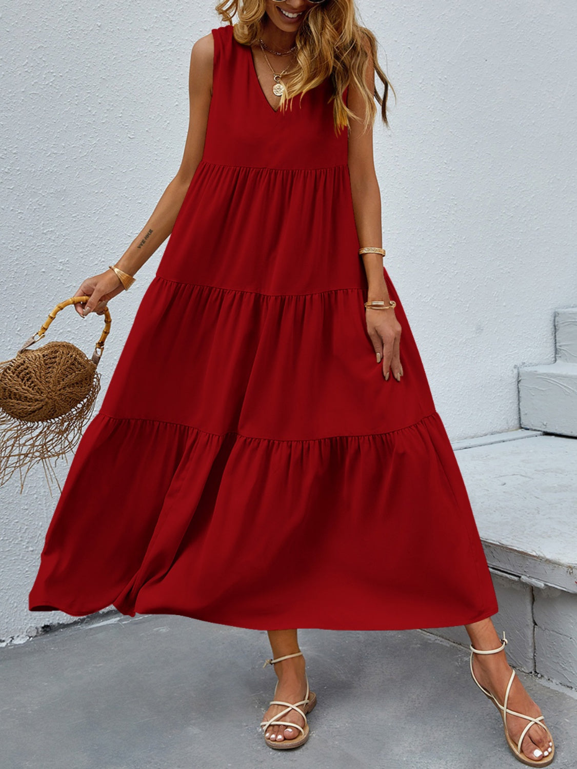 Tiered V-Neck Sleeve Dress BLUE ZONE PLANET