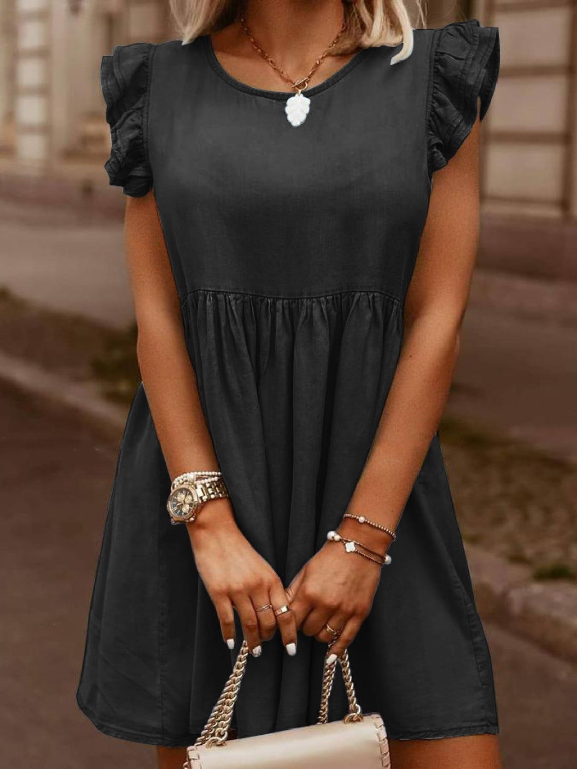 Blue Zone Planet | Clara's Full Size Ruffled Round Neck Cap Sleeve Denim Mini Dress BLUE ZONE PLANET