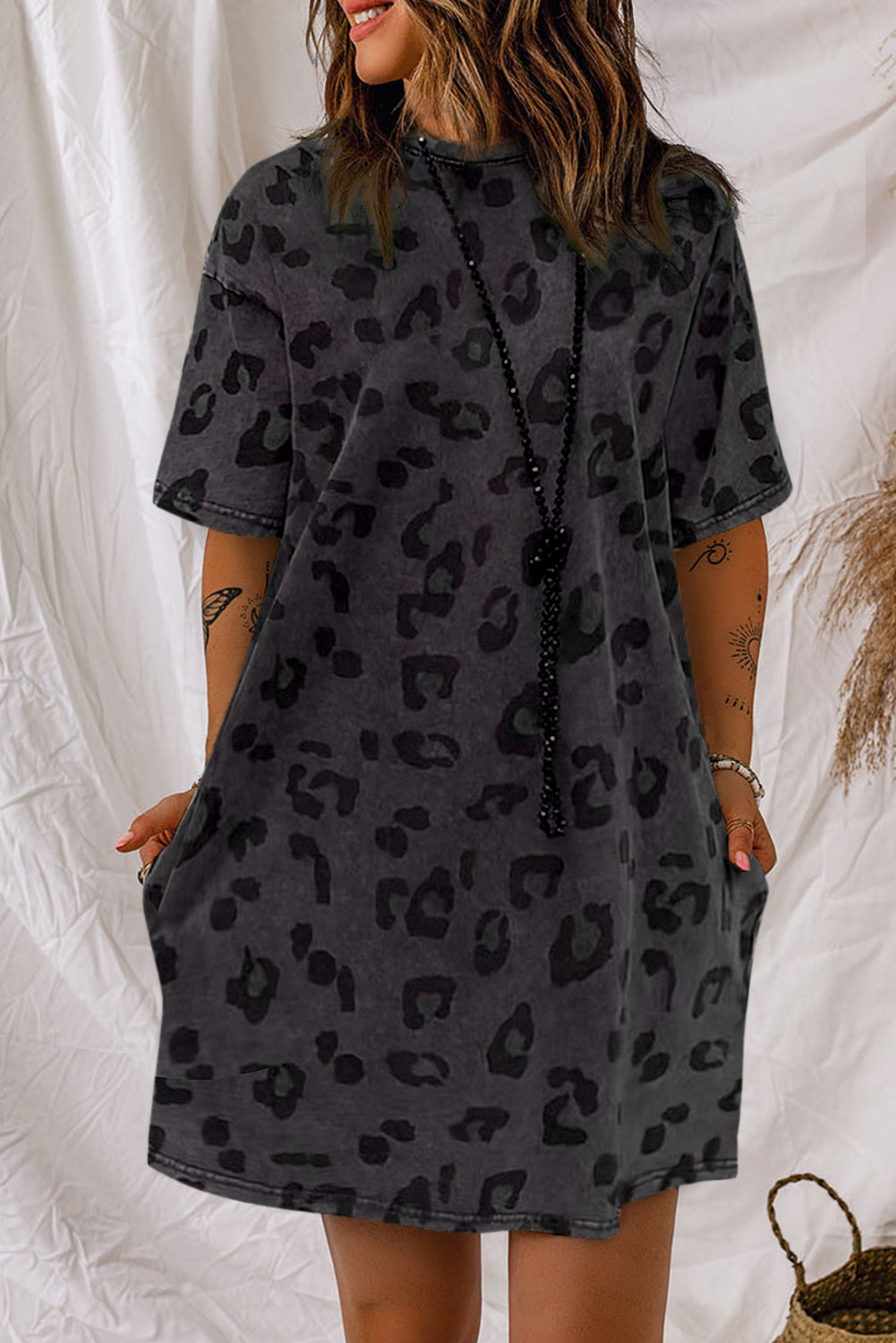 Blue Zone Planet | Gray Vintage Washed Leopard T-Shirt Dress with Pockets Blue Zone Planet