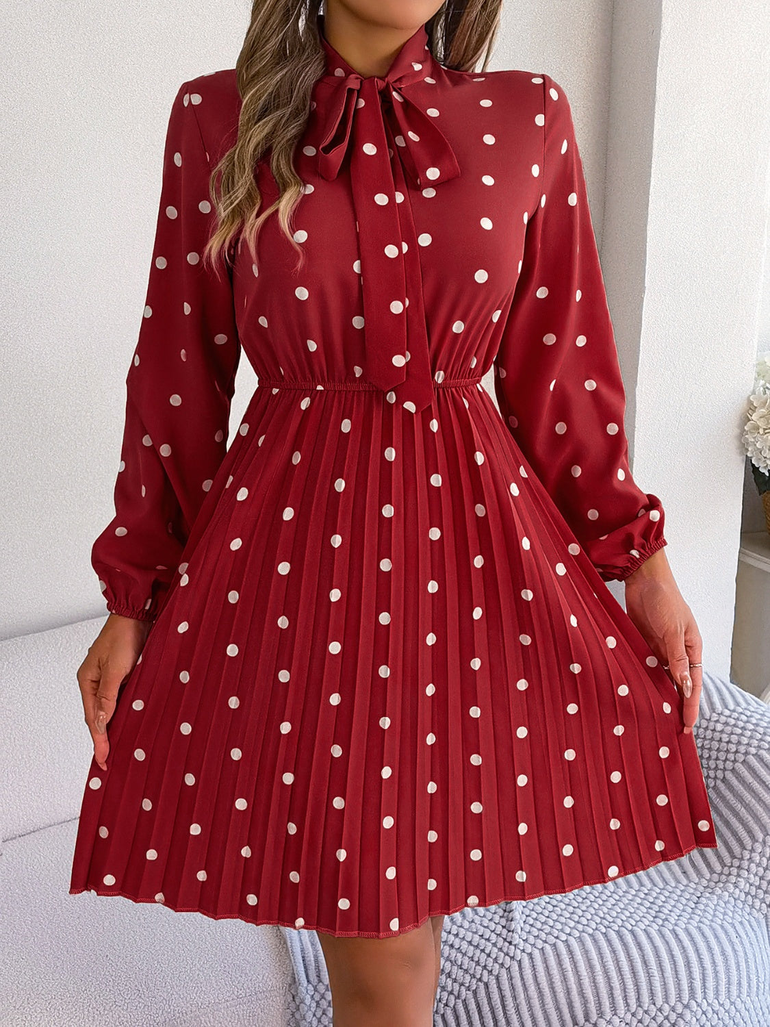 Polka Dot Tie Neck Pleated Dress BLUE ZONE PLANET