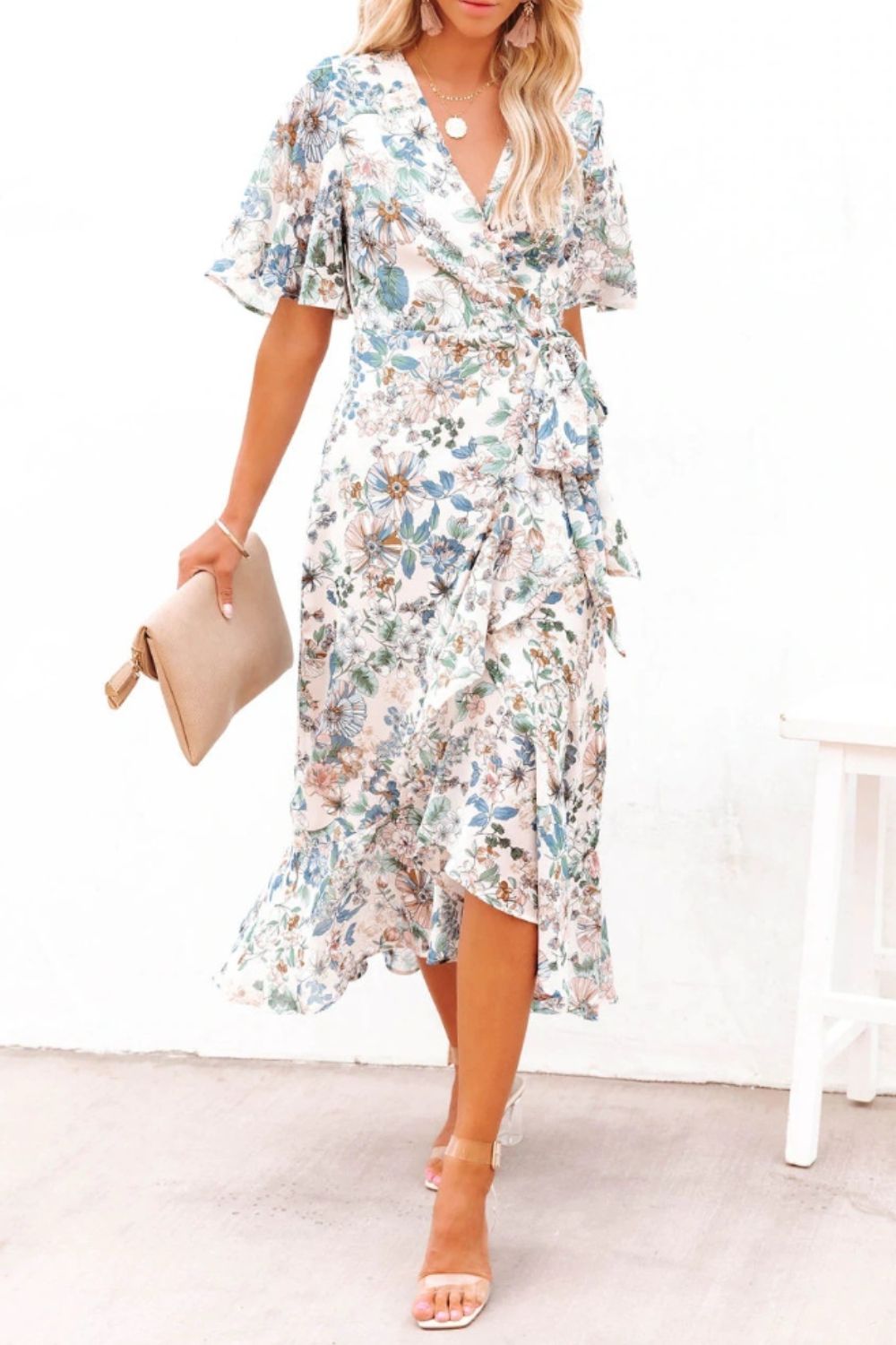 Blue Zone Planet | High-Low Printed Surplice Flutter Sleeve Midi Dress BLUE ZONE PLANET