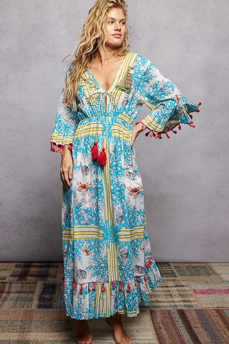 POL Bohemian Print Tassel Trim Maxi Dress IVORY/BLUE MULTI / M