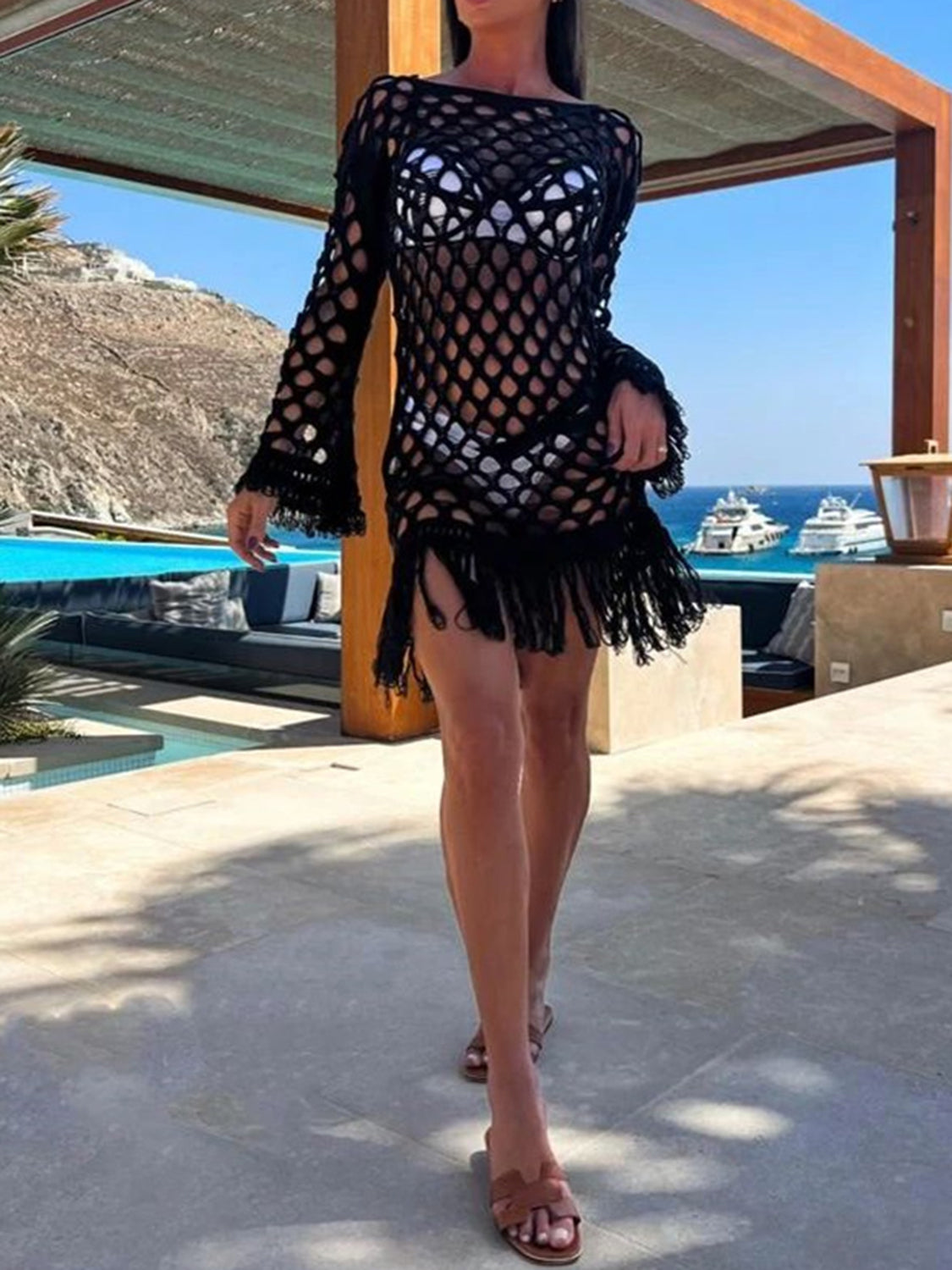 Blue Zone Planet |  Fringe Cutout Long Sleeve Cover Up BLUE ZONE PLANET