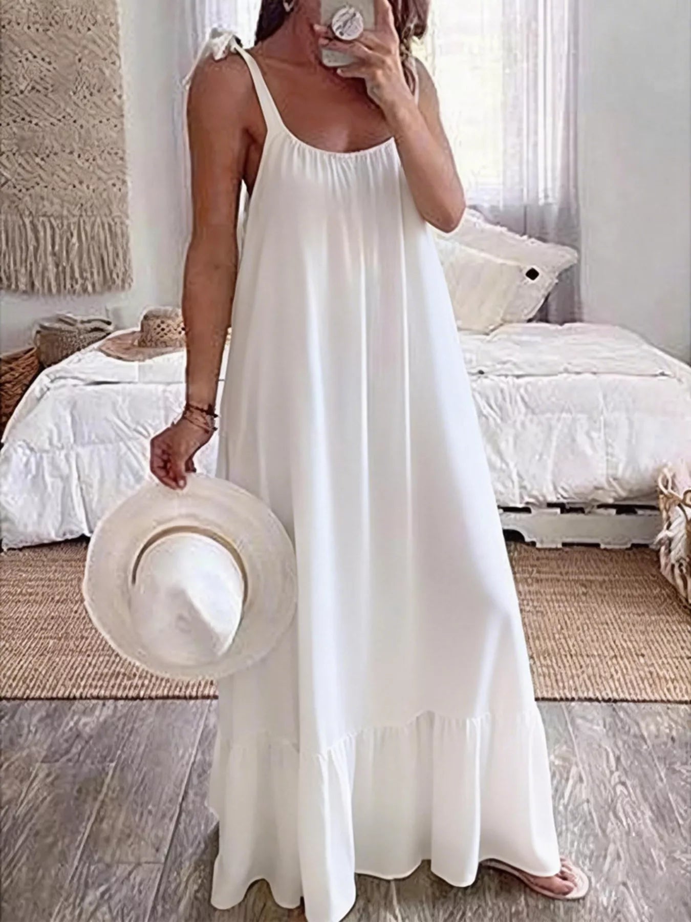 white spaghetti strap dress flowy Ieena for Mac Duggal - White Faux Wrap Sleeveless Flowy Midi Dress main image 1