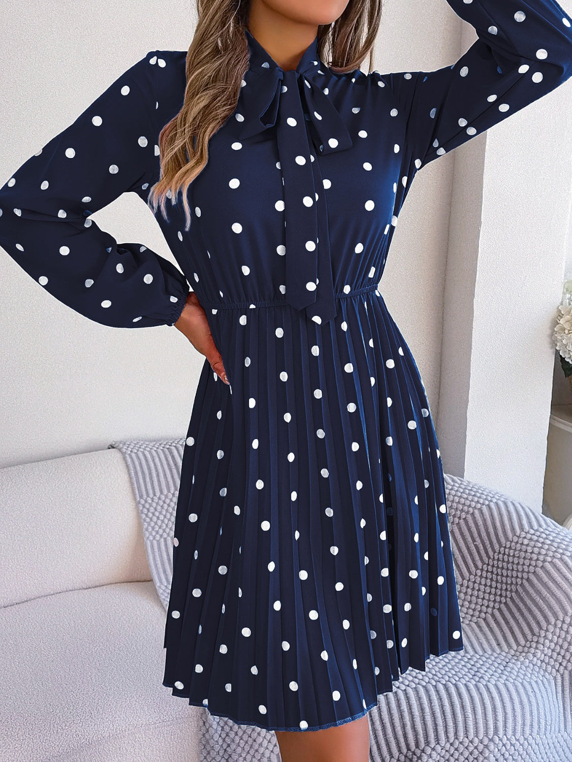 Polka Dot Tie Neck Pleated Dress BLUE ZONE PLANET