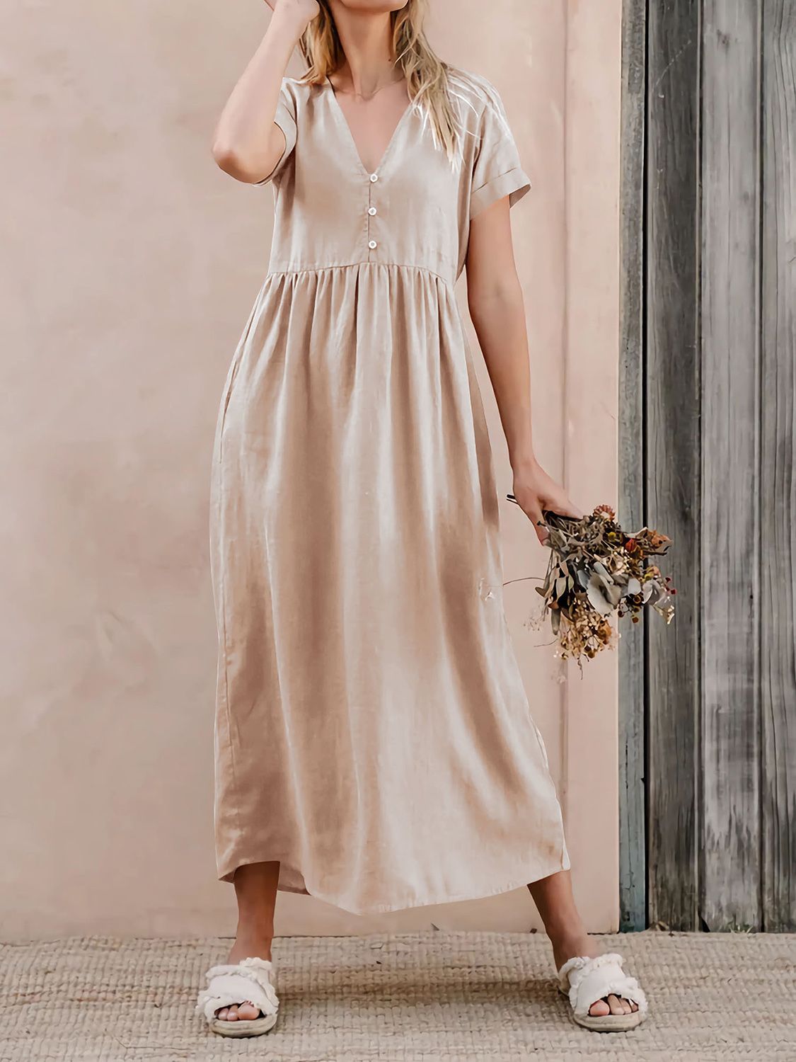 Blue Zone Planet | V-Neck Short Sleeve Midi Dress BLUE ZONE PLANET