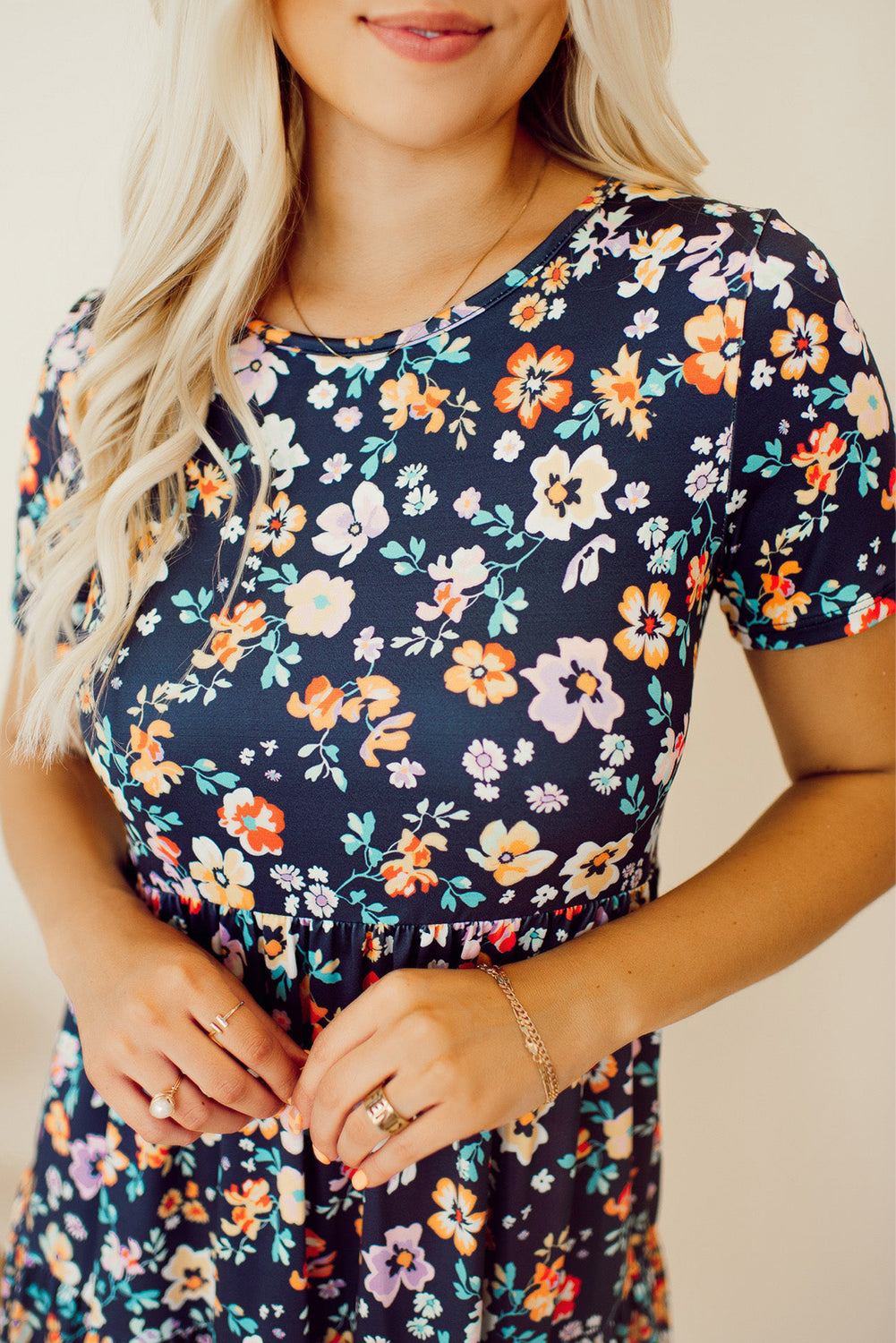 Blue Zone Planet | Blue Short Sleeve A-line Floral Dress Blue Zone Planet