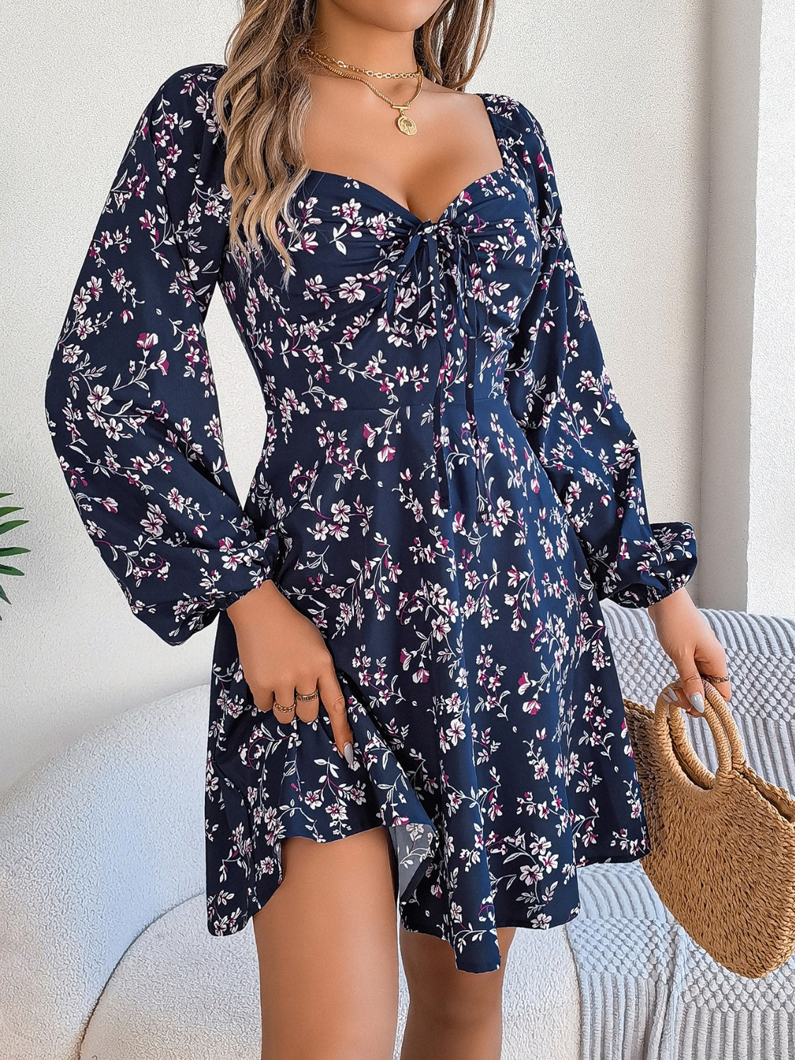 blue floral long sleeve mini dress Blue Zone Planet
