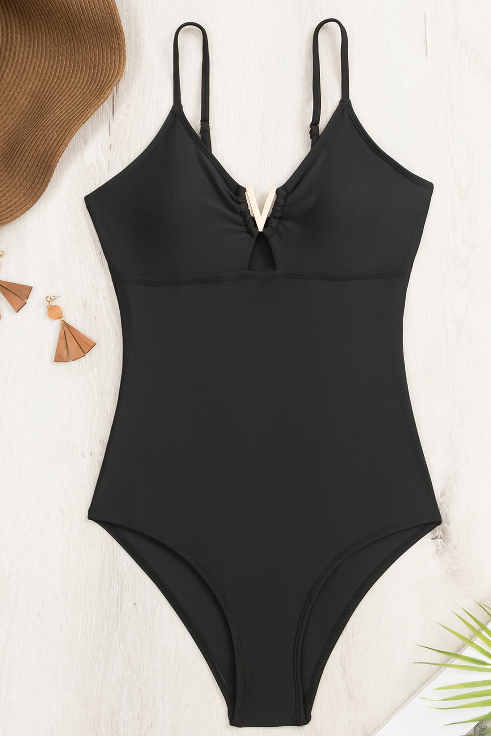 Black Spaghetti Straps Metal V Decor One-Piece Swimsuit Blue Zone Planet