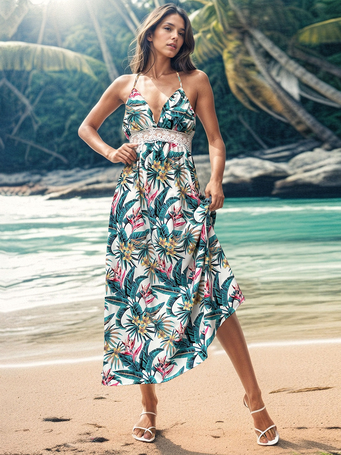 Blue Zone Planet | Lace Detail Printed Halter Neck Midi Cami Dress BLUE ZONE PLANET