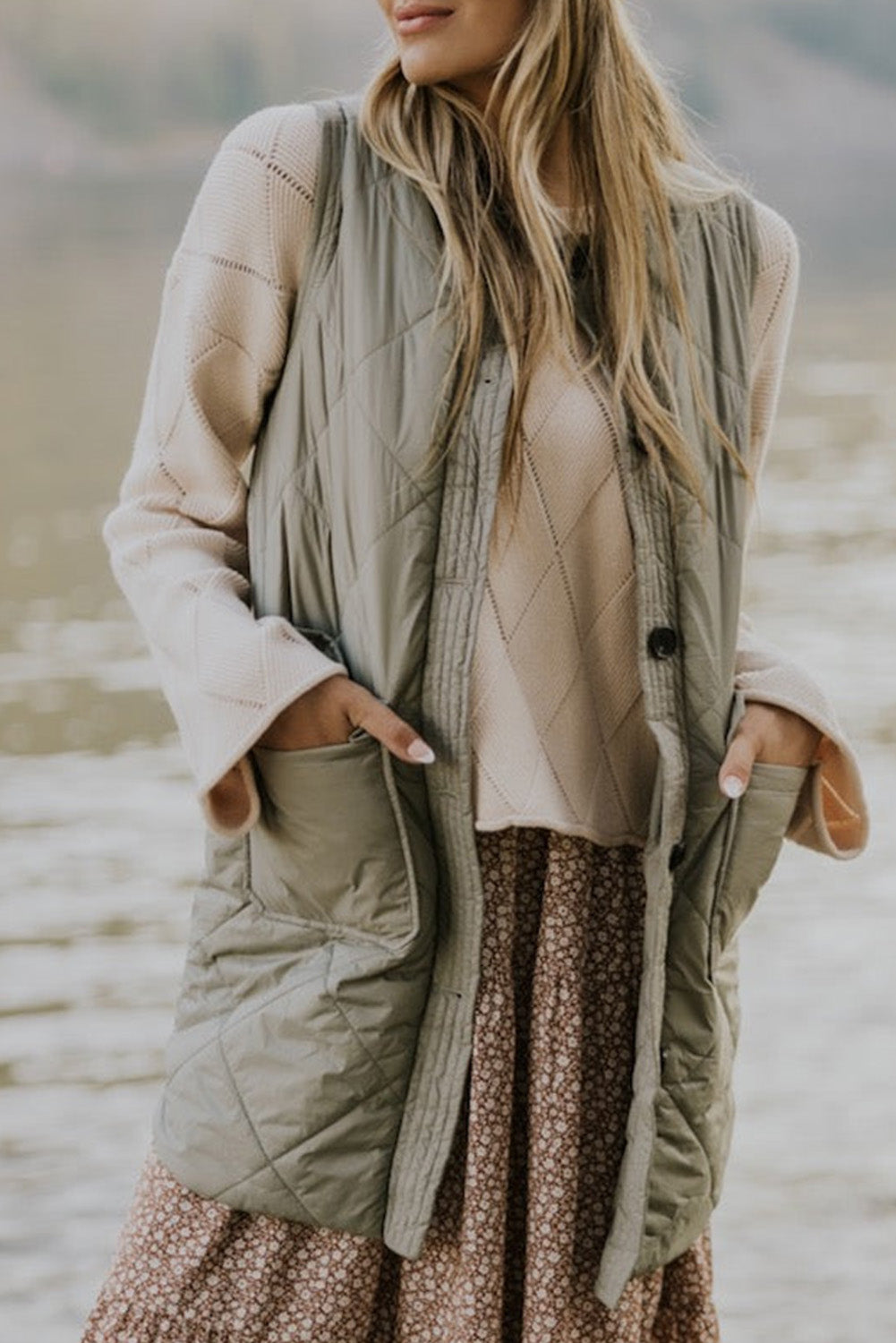 Blue Zone Planet | Grass Green Quilted Long Vest Jacket with Pockets Blue Zone Planet