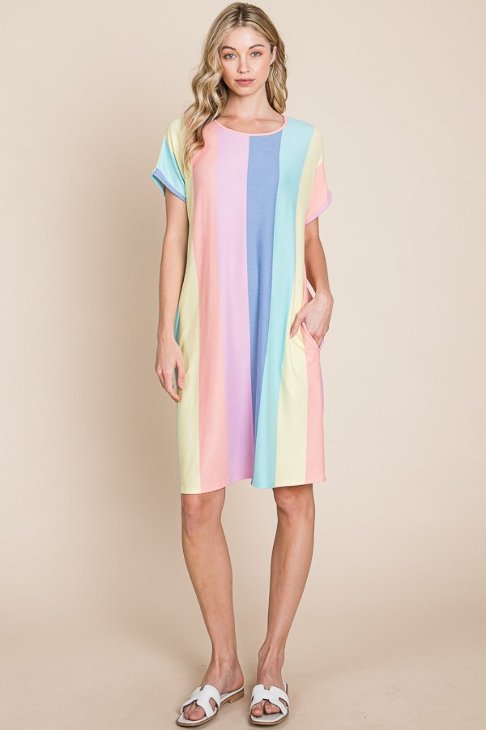 Blue Zone Planet | BOMBOM Striped Short Sleeve Dress with Pockets BLUE ZONE PLANET