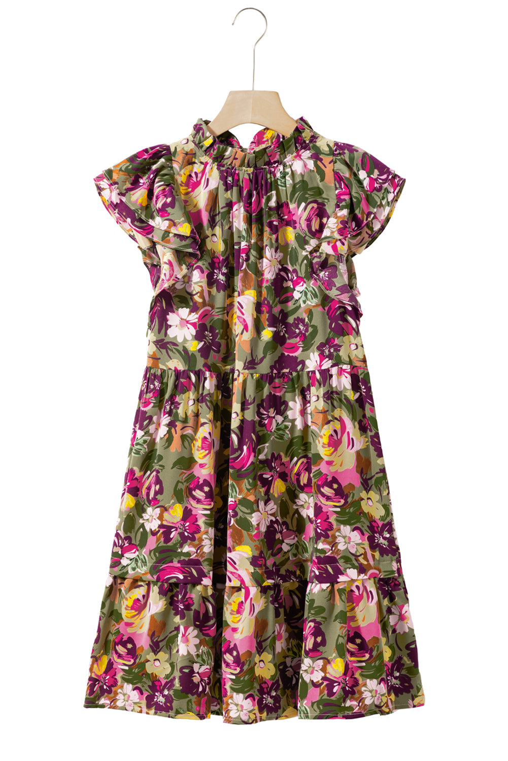 Blue Zone Planet | Green Floral Print Ruched Flutter Sleeve Frilled Neck Mini Dress Blue Zone Planet
