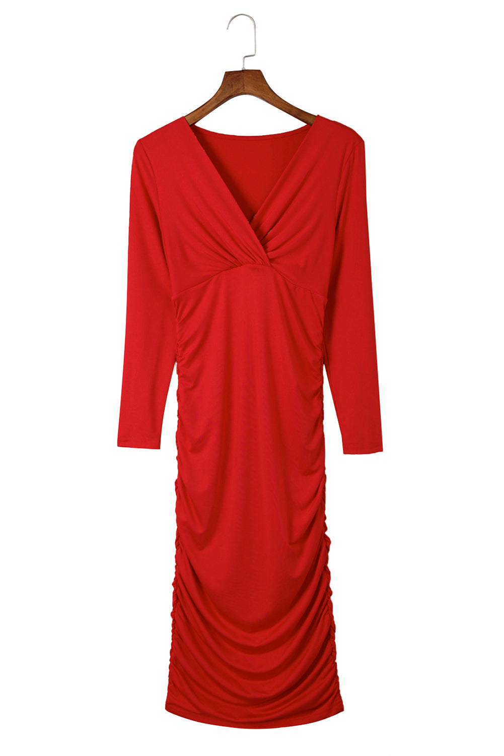 Blue Zone Planet | Fiery Red Long Sleeves Wrap V Neck Ruched Sheath Bodycon Dress Blue Zone Planet