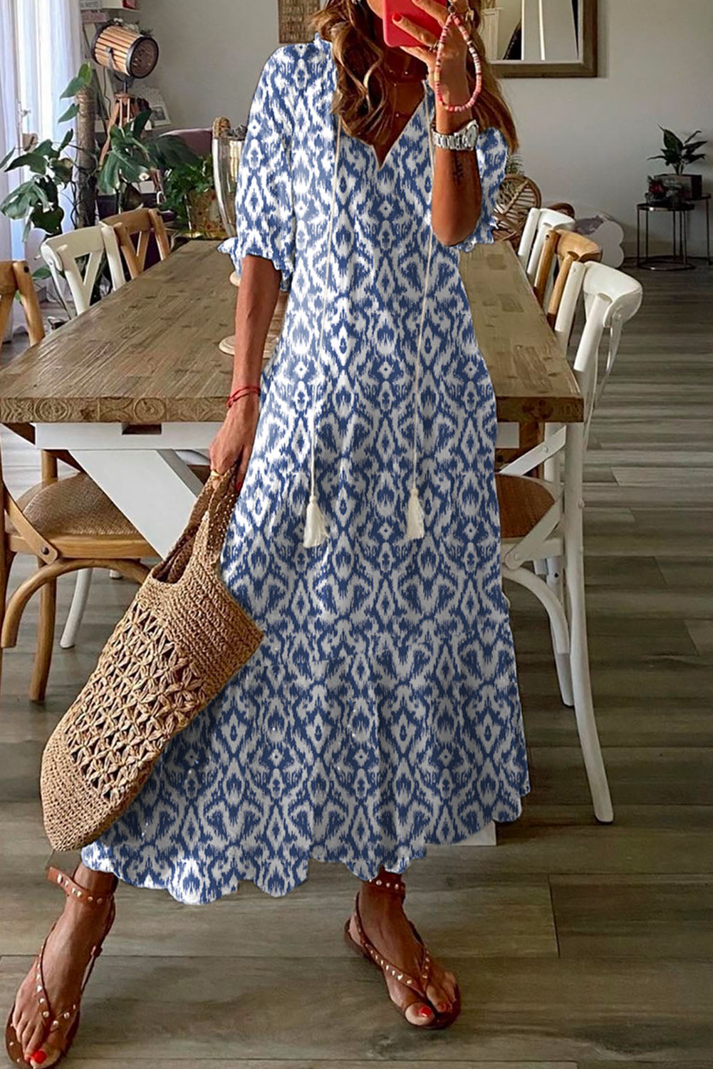 Blue Zone Planet | Sky Blue V Neck Geometric Print Maxi Dress Blue Zone Planet