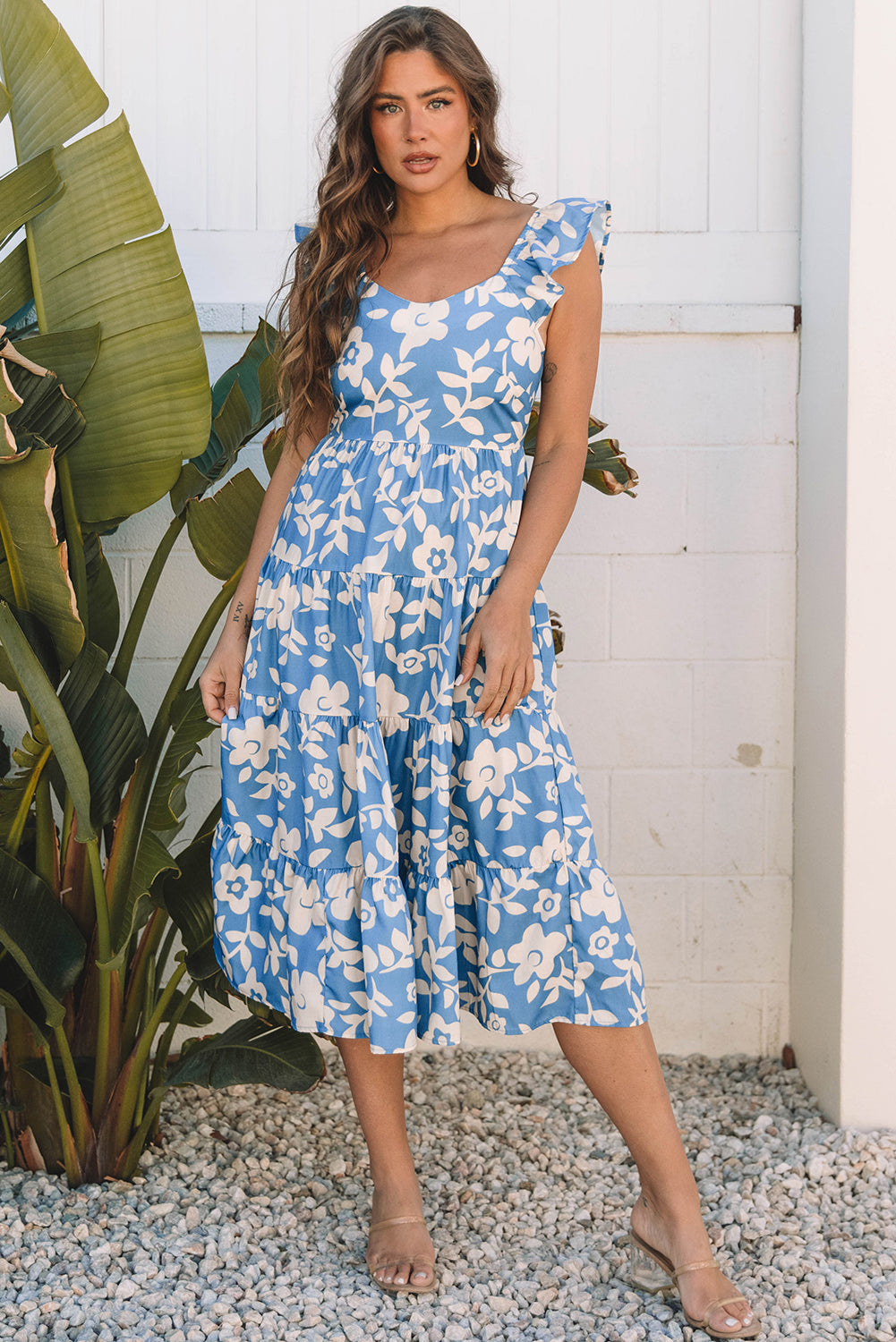 midi flowy dresses Sky Blue Floral U Neck Flutter Shoulder Tiered Flowy Midi Dress, Sky Blue / S / 100%Polyester