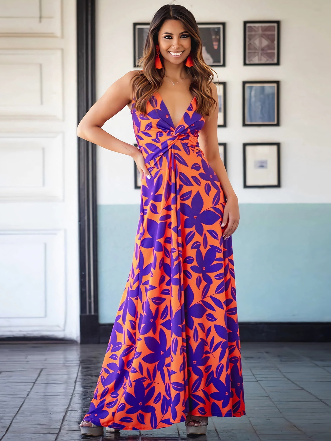 Blue Zone Planet | Twisted Printed V-Neck Cami Dress BLUE ZONE PLANET
