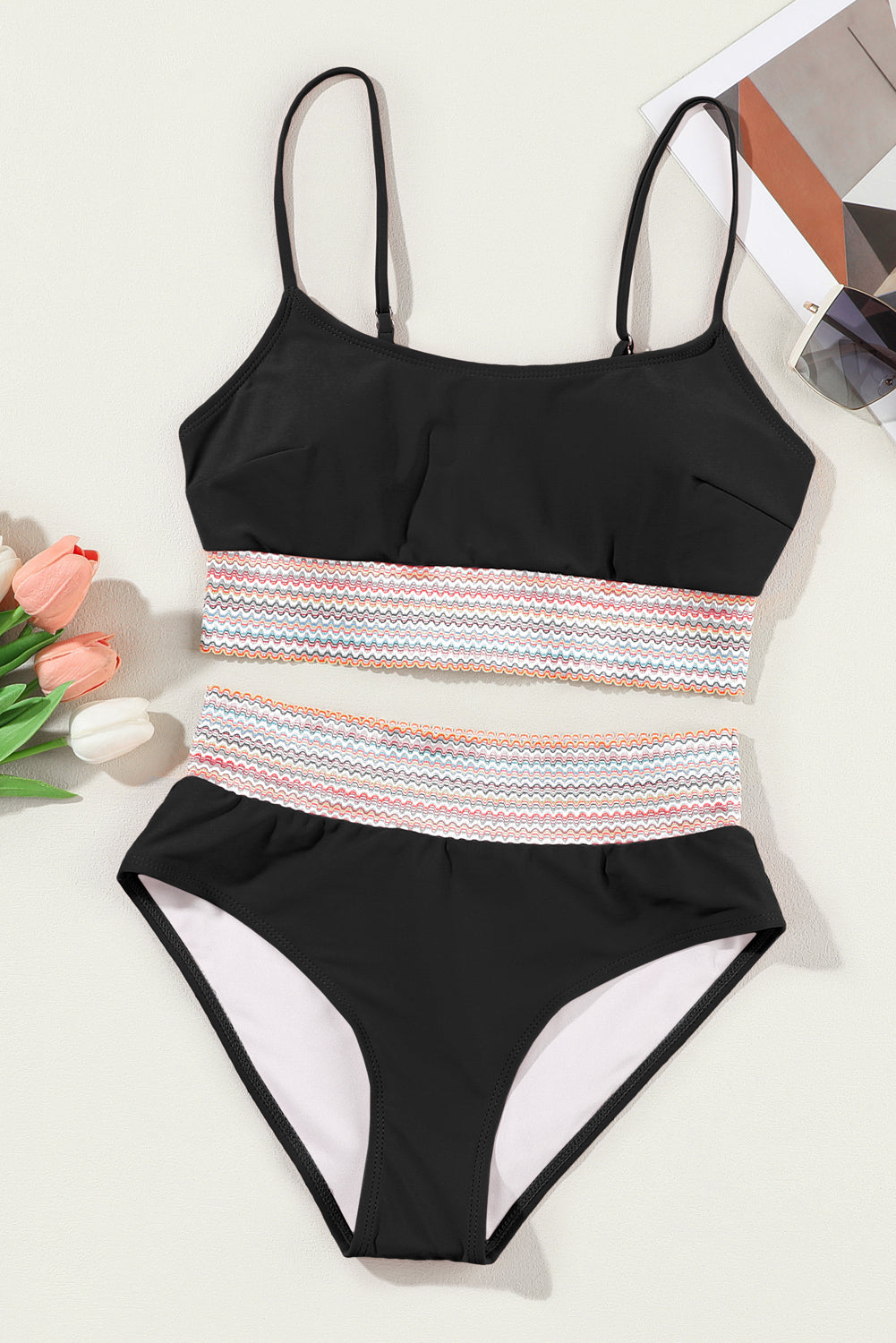 Blue Zone Planet | Black Striped Patchwork Spaghetti Strap High Waist Bikini Swimsuit Blue Zone Planet