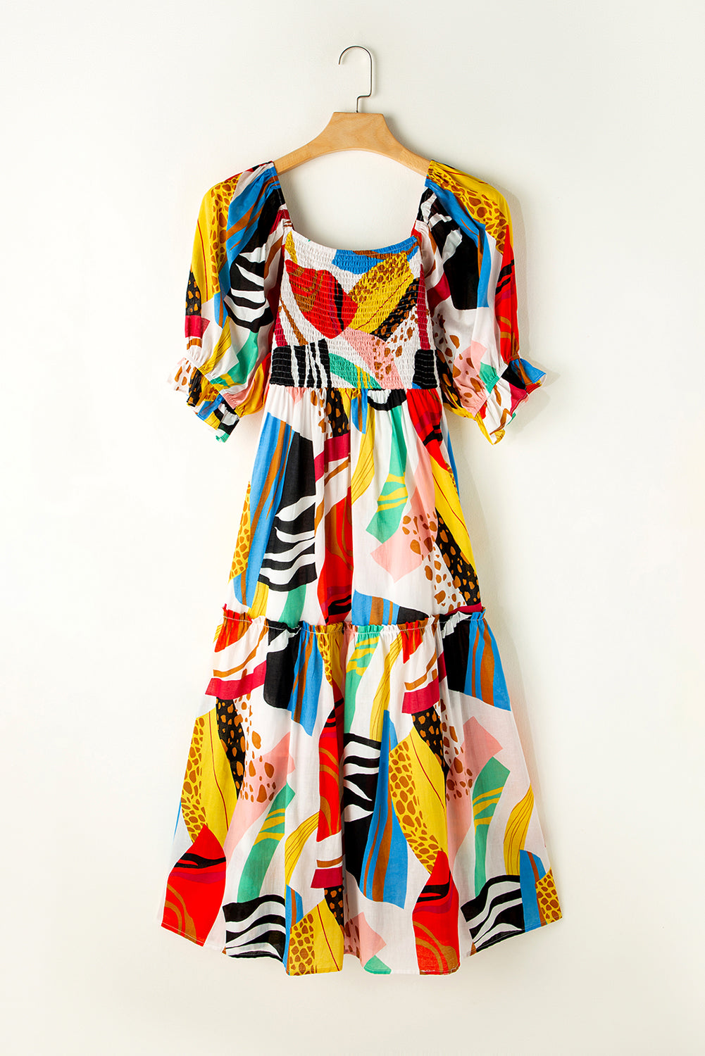 Blue Zone Planet | White Square Neck Smocked Abstract Print Boho Maxi Dress Blue Zone Planet