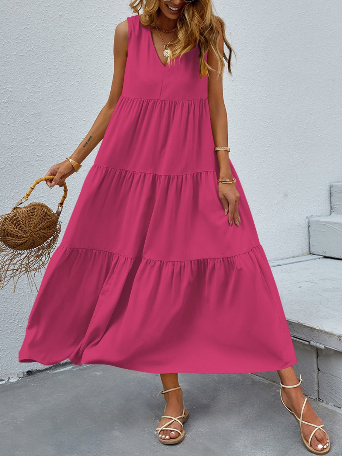 Tiered V-Neck Sleeve Dress BLUE ZONE PLANET
