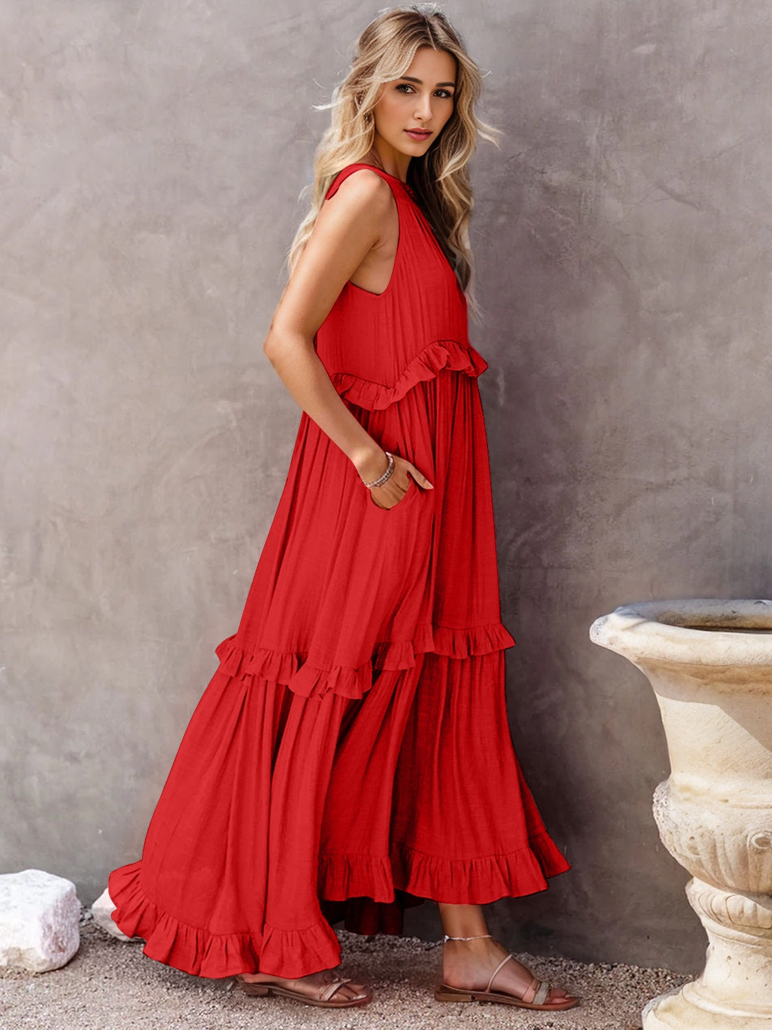 Blue Zone Planet | Ruffled Sleeveless Tiered Maxi Dress with Pockets BLUE ZONE PLANET