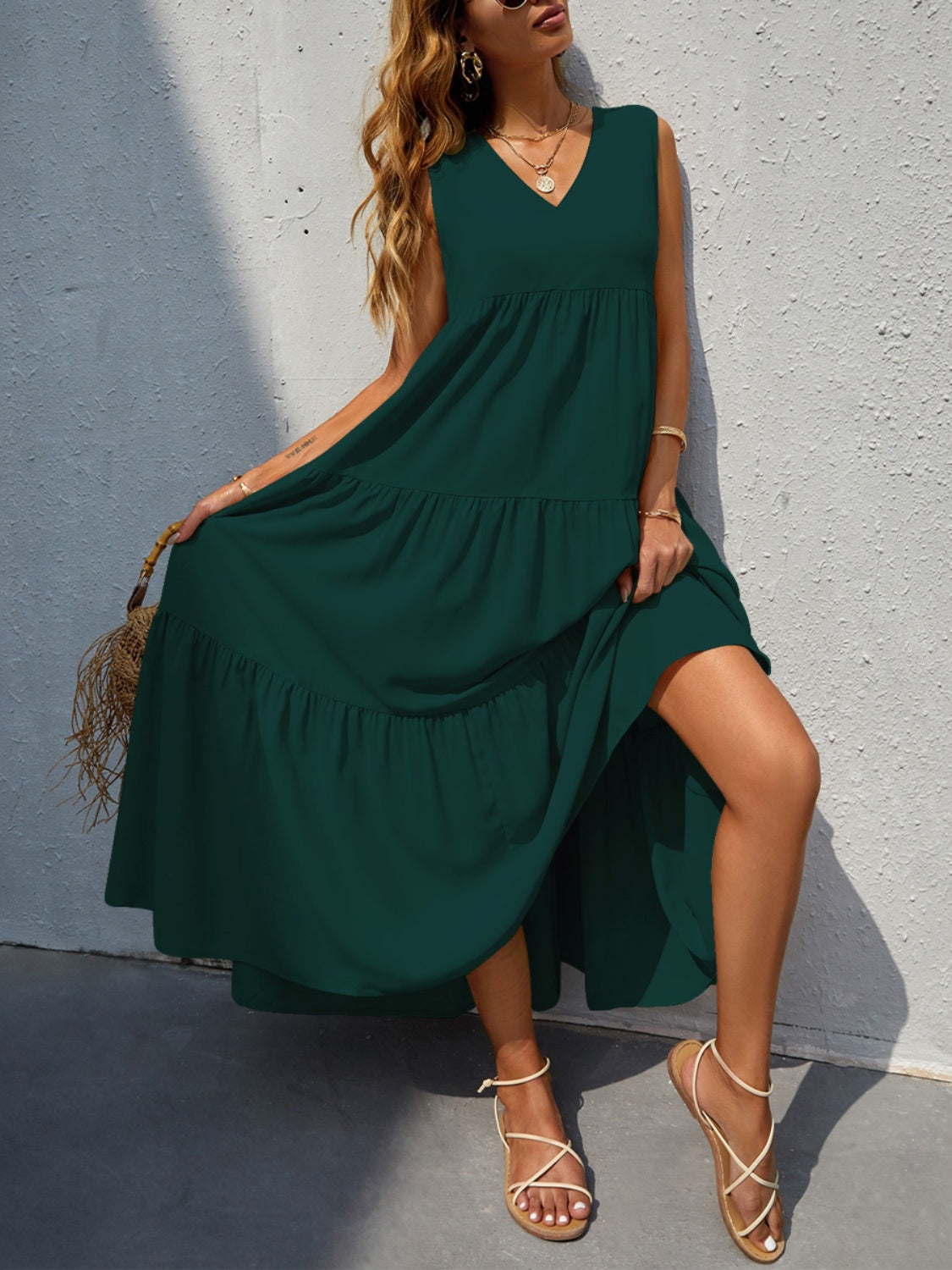 Tiered V-Neck Sleeve Dress BLUE ZONE PLANET