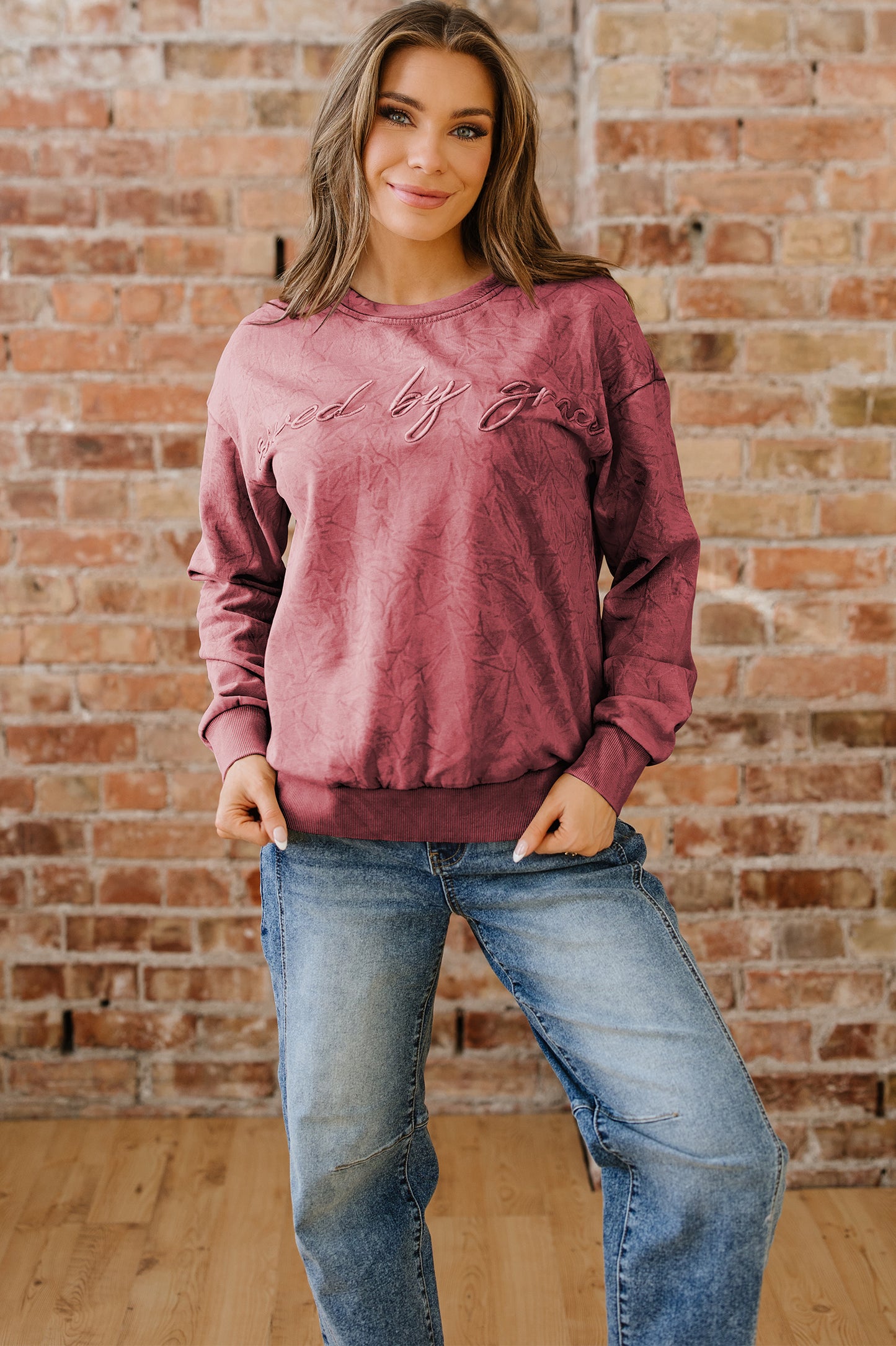 Mineral Red Saved By Grace Letter Embroidery Mineral Wash Loose Sweatshirt