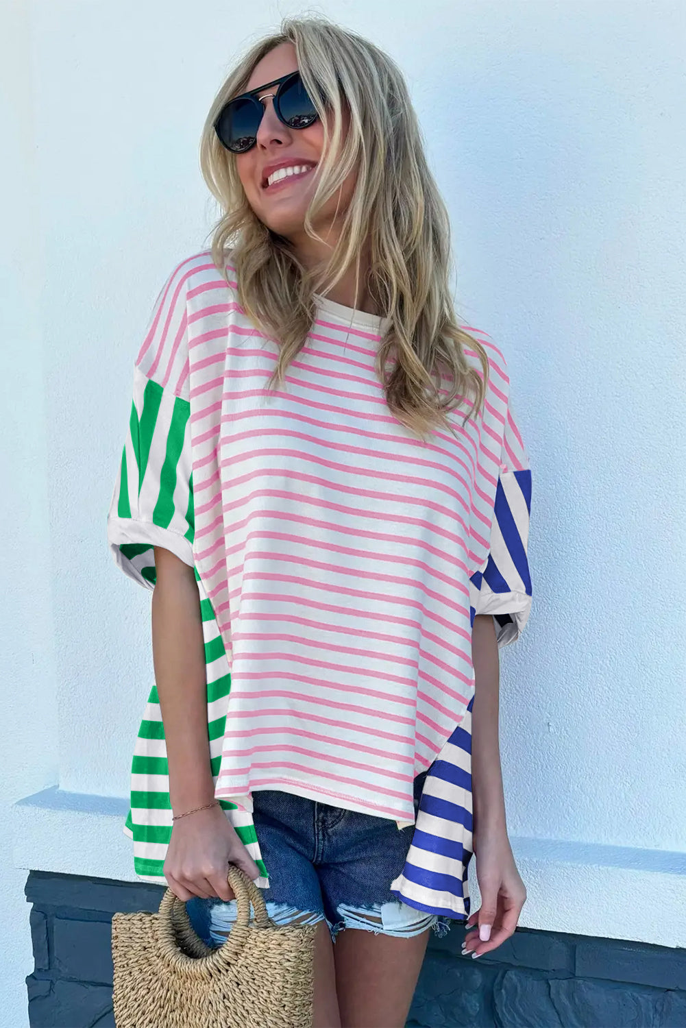 Blue Zone Planet | Orange Stripe Colorblock Patchwork Baggy T Shirt Blue Zone Planet