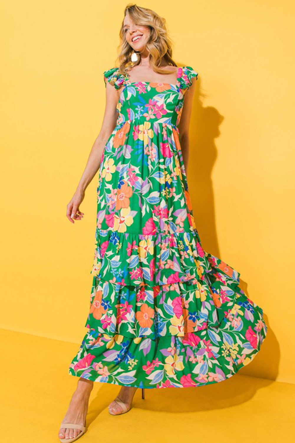 Blue Zone Planet | Green Floral Print Sleeveless Ruffle Tiered Maxi Dress Blue Zone Planet
