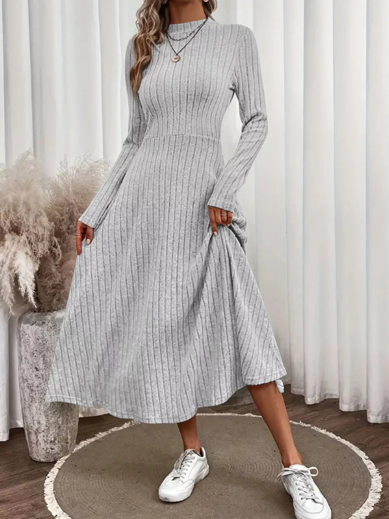 Ribbed Knit Long Sleeve Midi Dress Gray / S Ribbed Knit Long Sleeve Midi Dress Gray / S