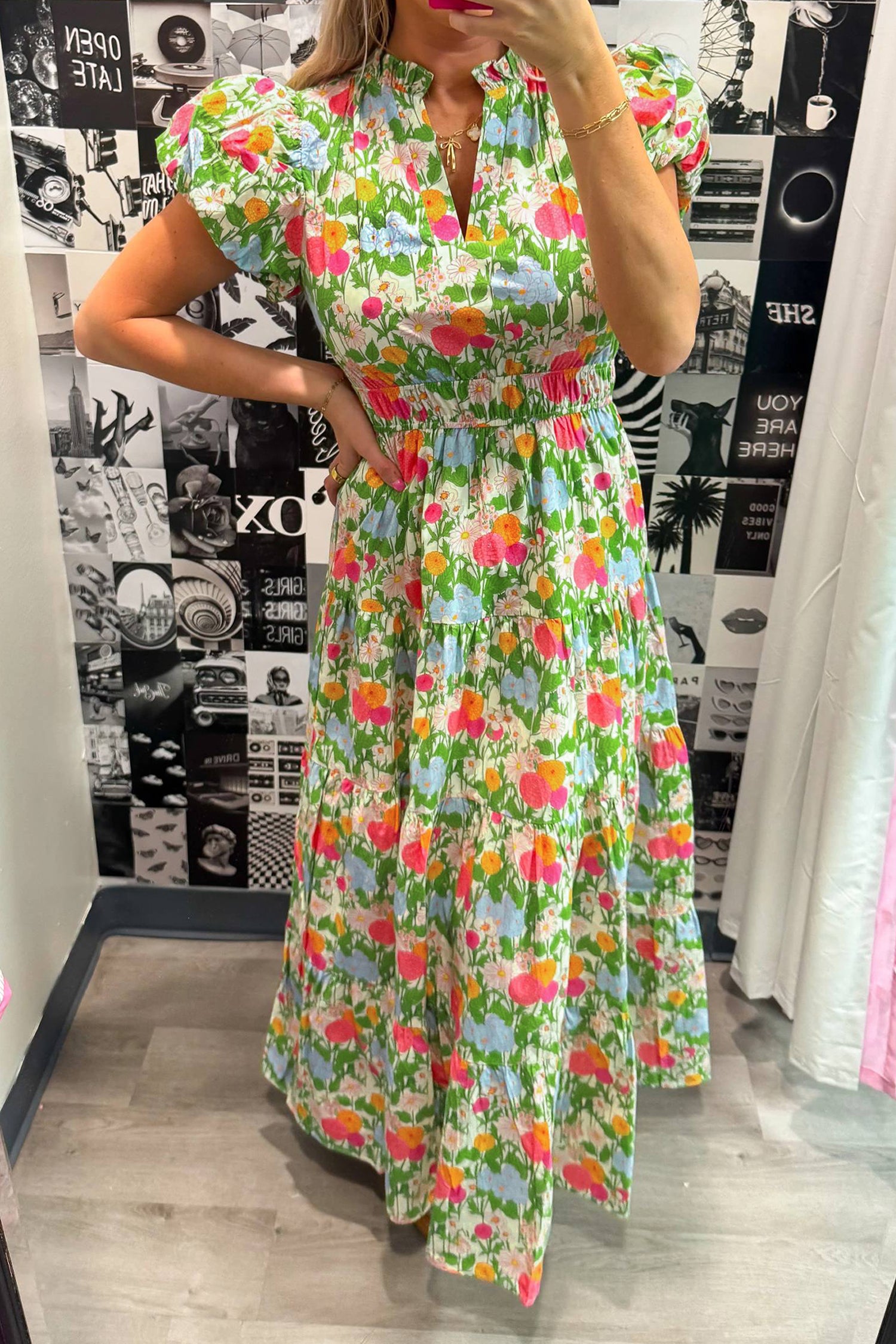 Green Floral Print V Neck Short Puff Sleeve Cotton Maxi Dress Green / M / 100%Cotton