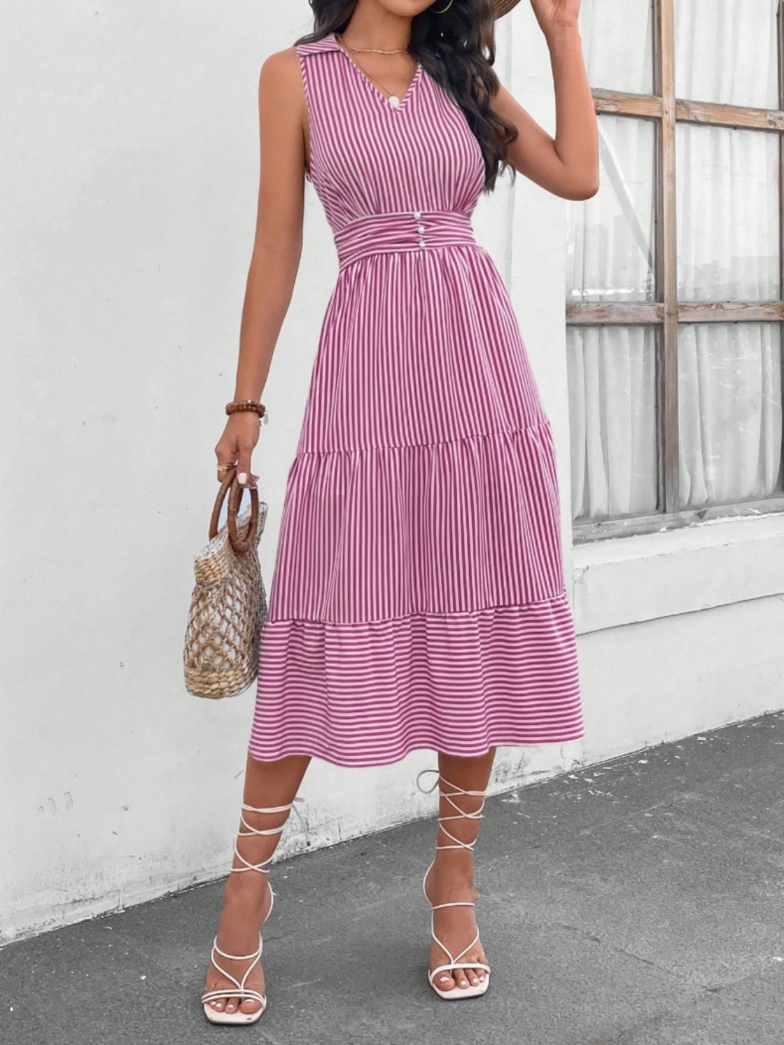 Striped Johnny Collar Sleeveless Midi Dress BLUE ZONE PLANET