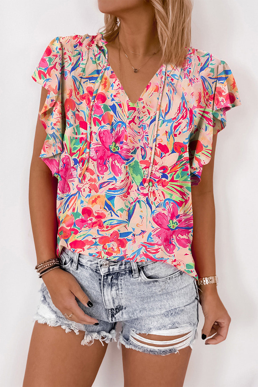 Blue Zone Planet | Multicolour Floral Ruffled Sleeve V Neck Summer Blouse Blue Zone Planet