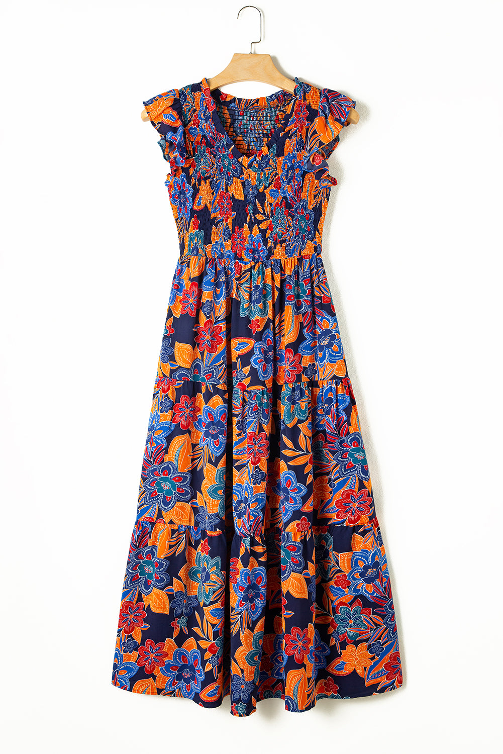 Dark Blue Boho Floral V Neck Ruffle Tiered Long Dress Blue Zone Planet