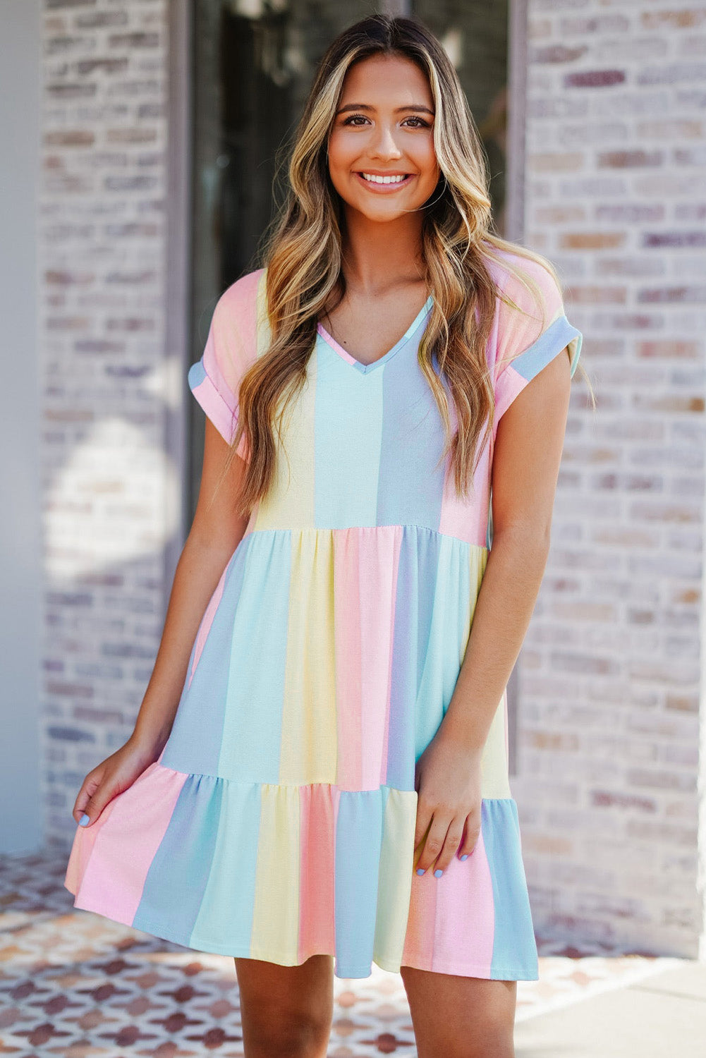 Multicolor Striped Color Block Tiered Mini Dress Blue Zone Planet