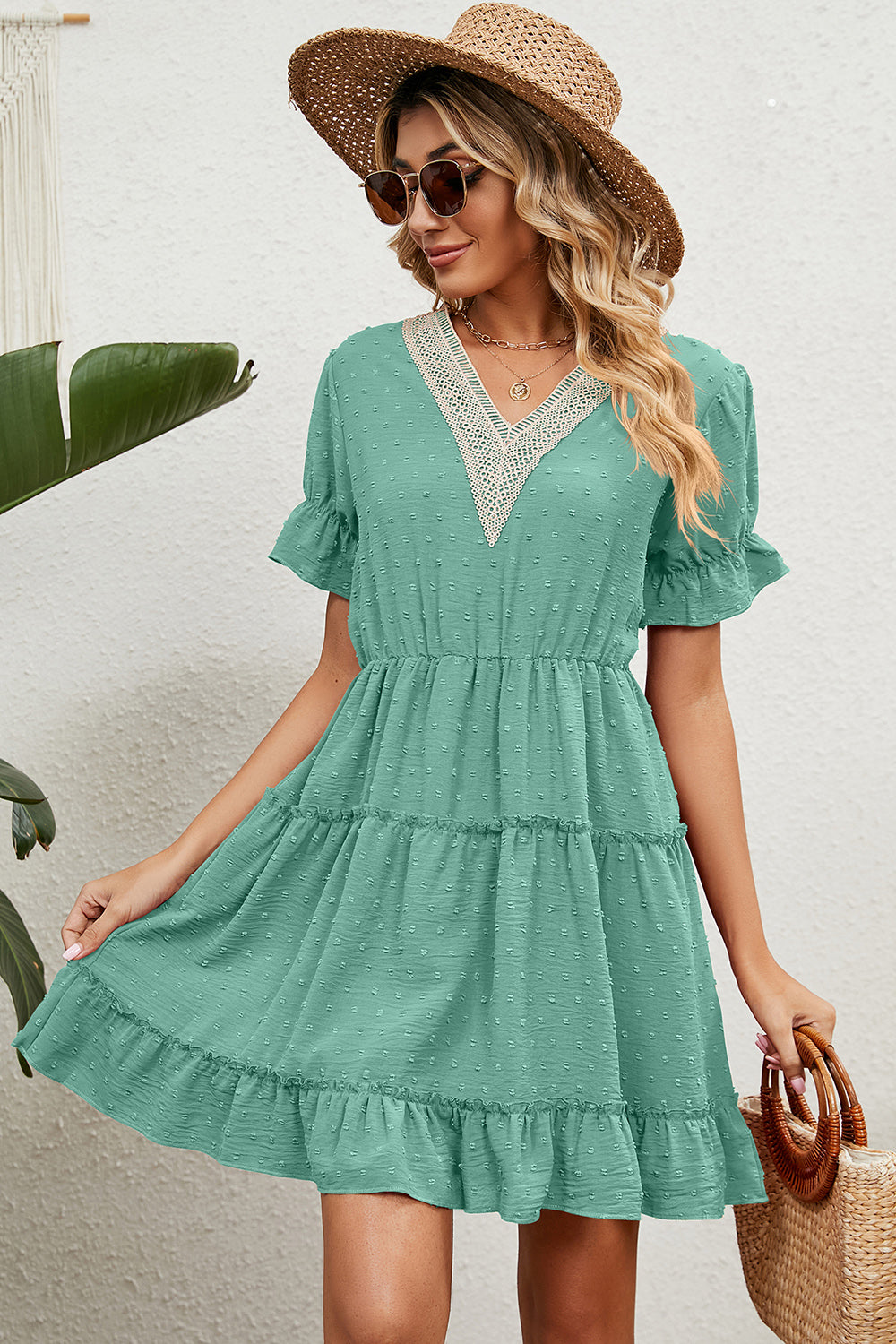 Blue Zone Planet | Swiss Dot V-Neck Flounce Sleeve Mini Dress BLUE ZONE PLANET