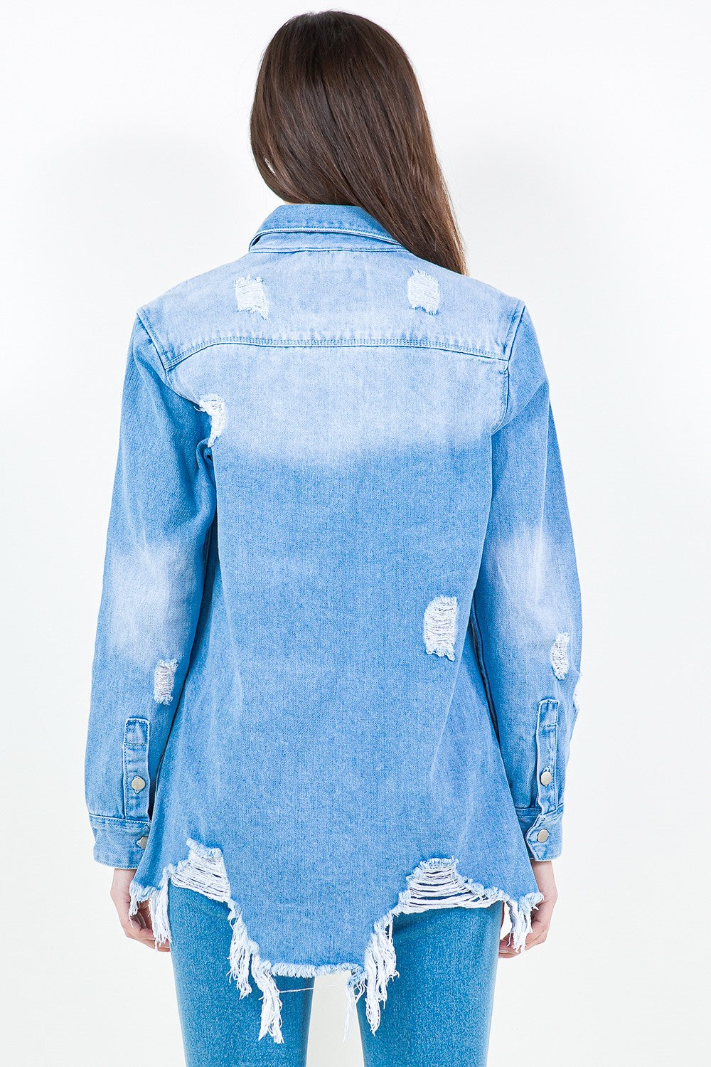 Blue Zone Planet | American Bazi Frayed Hem Distressed Denim Shirt Jacket BLUE ZONE PLANET