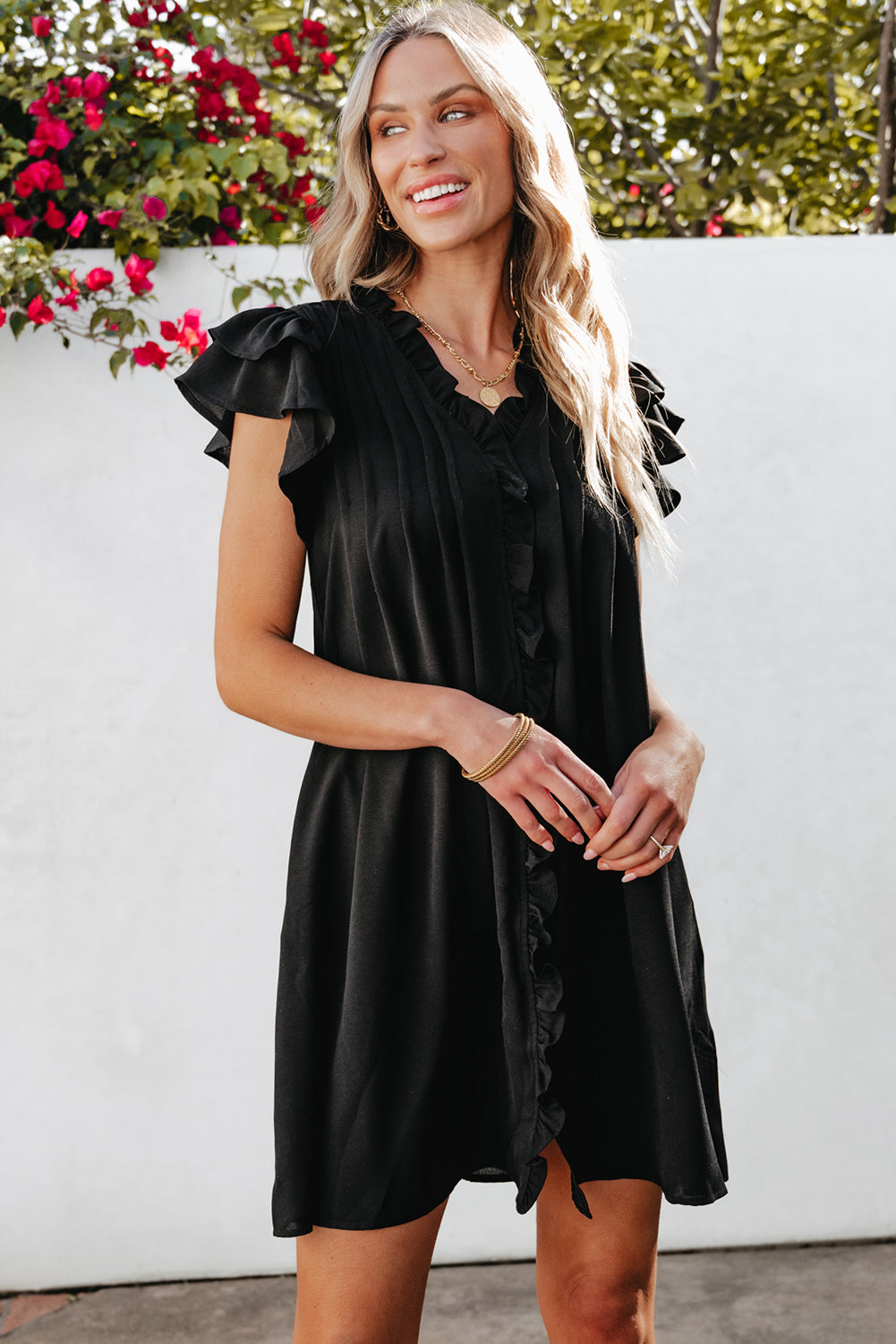 Blue Zone Planet | Black Ruffle Sleeve V Neck Frilled Shift Dress Blue Zone Planet