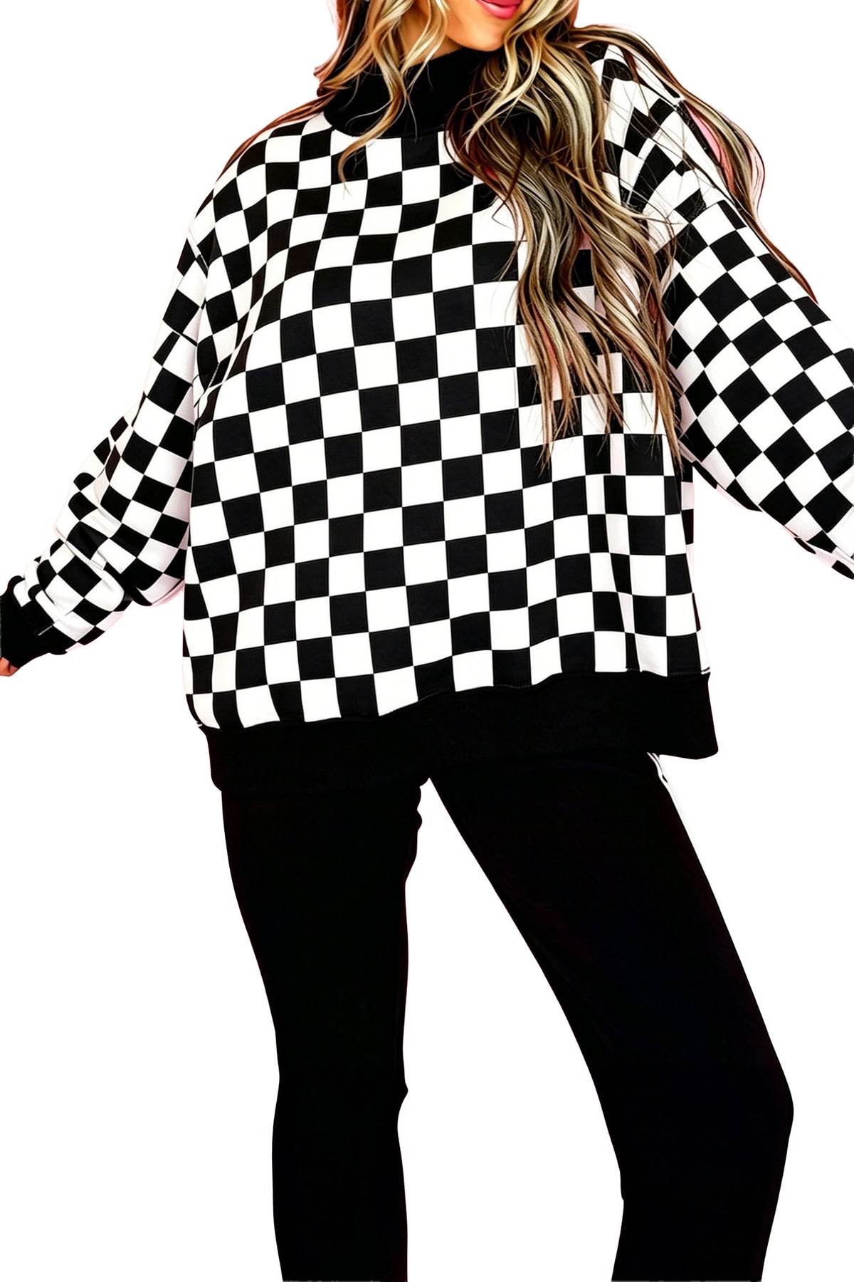 Red Checkered Print High Neck Baggy Sweatshirt