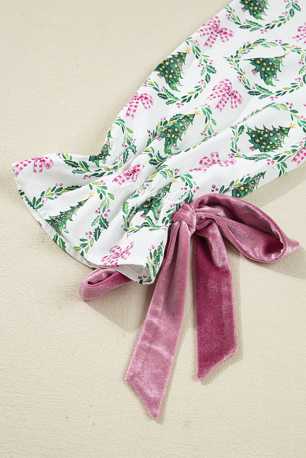 Green Christmas Fashion Print Velvet Trim Bow Knot Pajama 2pcs Short Set