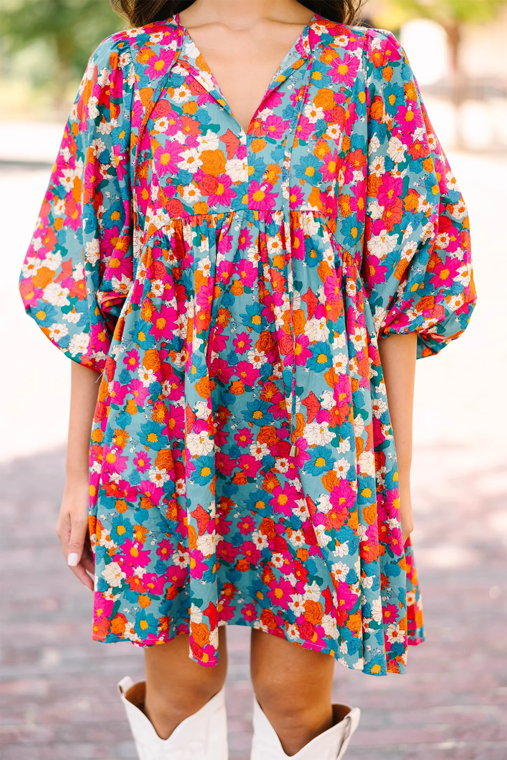 Blue Zone Planet | Sky Blue Floral Print Tie Split Neck Bubble Sleeve Babydoll Dress Blue Zone Planet