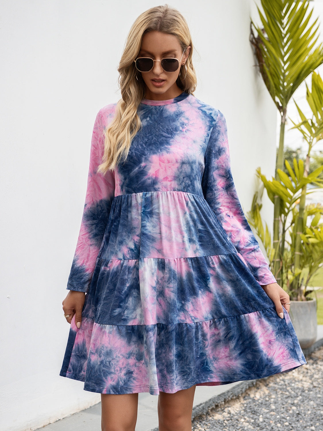 Blue Zone Planet | Tie-Dye Round Neck Long Sleeve Tiered Dress BLUE ZONE PLANET