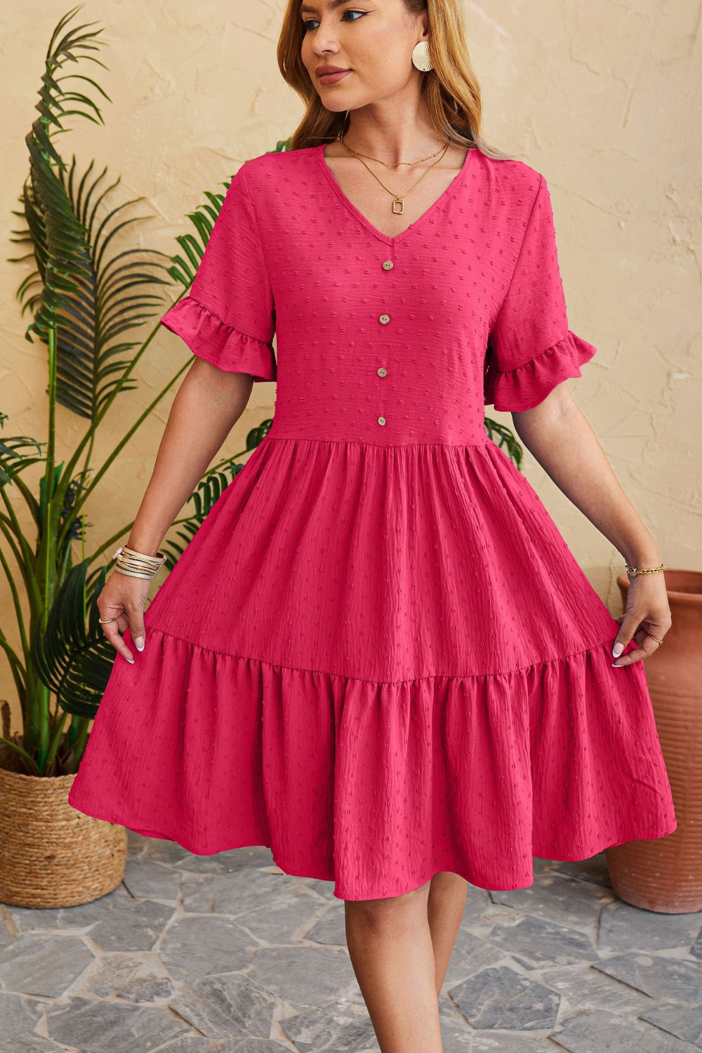 Blue Zone Planet | Swiss Dot Ruffled V-Neck Tiered Dress BLUE ZONE PLANET