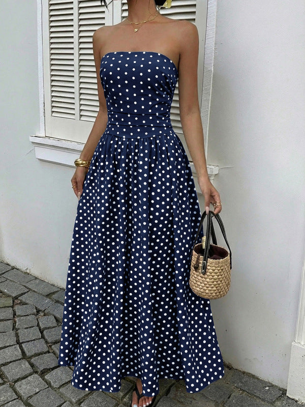 Elegant polka dot print sleeveless strapless waist-cinching long dress