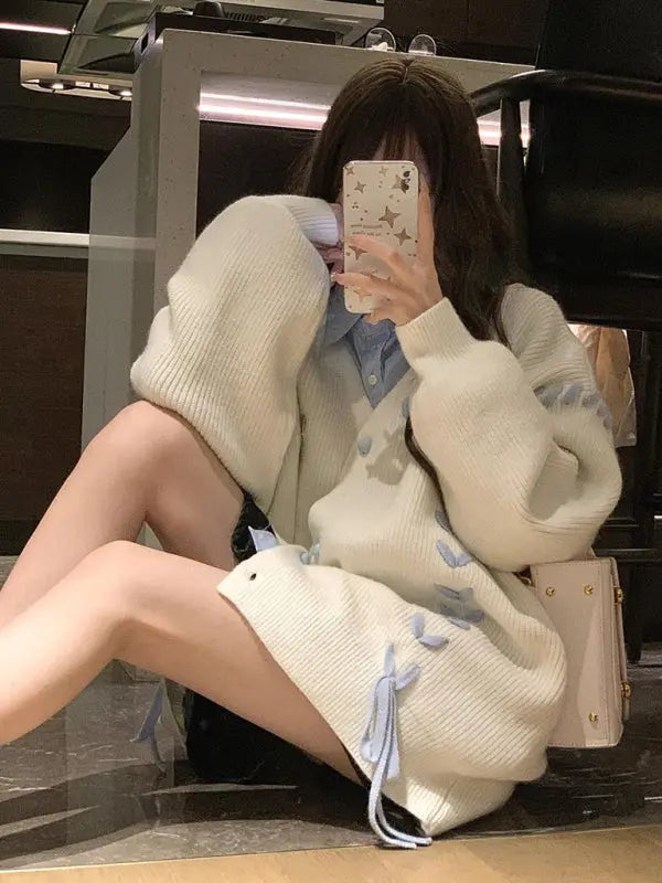 contrast color strap knitted cardigan coat long sleeve sweater BLUE ZONE PLANET